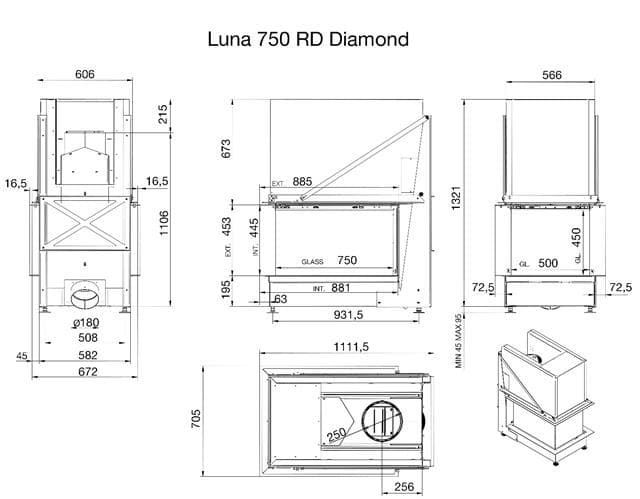 Chimenea de leña Luna Diamond 750 RD (Room Divider) - Imagen 2