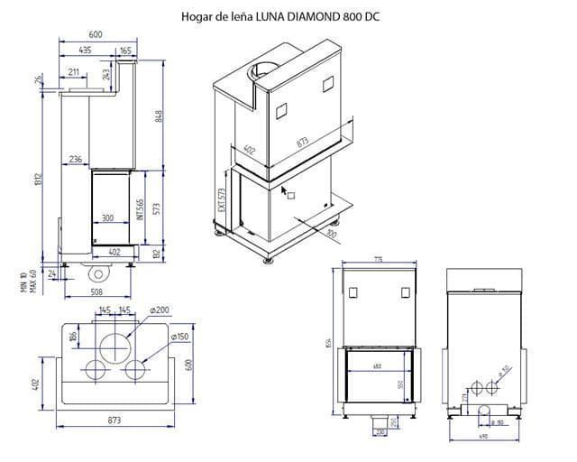 Chimenea de leña Luna Diamond 800 DC (frontal y dos laterales) - Imagen 2