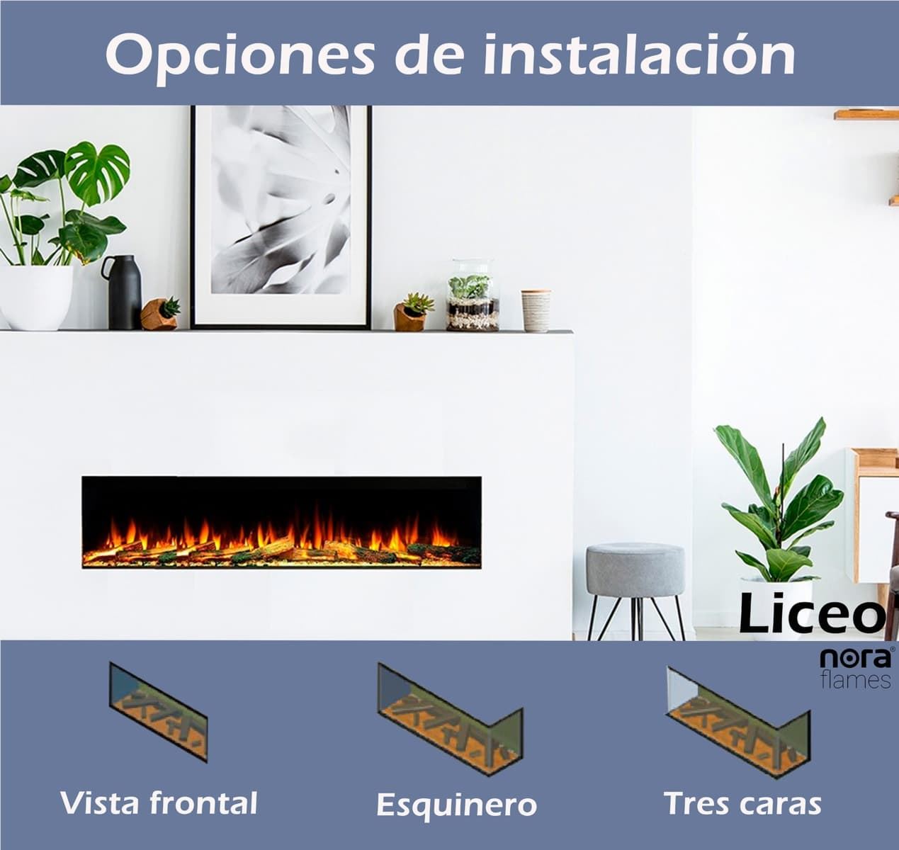 Chimenea eléctrica NoraFlames Liceo 150 con troncos iluminados - Imagen 2
